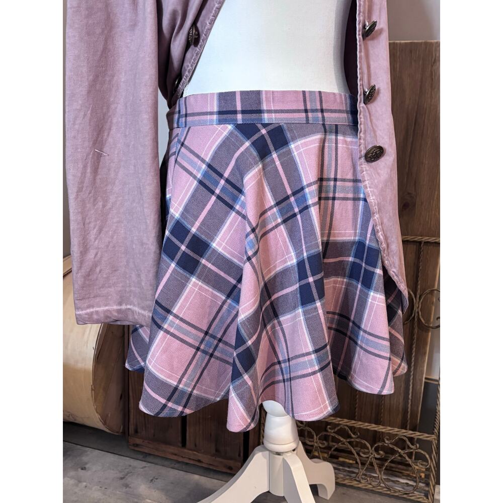 Ladies LARGE Aeropostale Plaid Pink Blue Gray Mini Skater Skirt High Waist VTG!